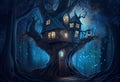 magical fantasy fairy tale scenery of tree house at night in a forest. Generate Ai. Royalty Free Stock Photo