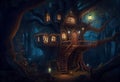 magical fantasy fairy tale scenery of tree house at night in a forest. Generate Ai. Royalty Free Stock Photo