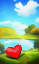 Magical fantasy landscape with red hearts