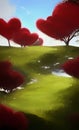 Magical fantasy landscape with red hearts