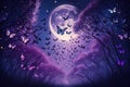 Magical fantasy romantic night background with full moon, glowing butterflies, shiney balloons. Fairytale Generative AI