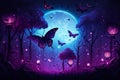 Magical fantasy romantic night background with full moon, glowing butterflies, shiney balloons. Fairytale Generative AI