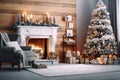 Magical Festive Interior Decorated Christmas Tree and Cozy Fireplace Delight. created with Generative AI Royalty Free Stock Photo