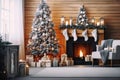 Magical Festive Interior Decorated Christmas Tree and Cozy Fireplace Delight. created with Generative AI Royalty Free Stock Photo