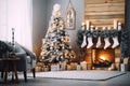 Magical Festive Interior Decorated Christmas Tree and Cozy Fireplace Delight. created with Generative AI Royalty Free Stock Photo