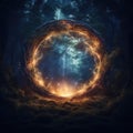 Magical Fire portal in the shape of a circle in Mystical dark forest. Magic lights. Fantasy gate. Gateway to another realm