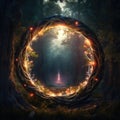 Magical Fire portal in the shape of a circle in Mystical dark forest. Magic lights. Fantasy gate. Gateway to another realm