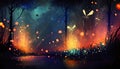 Magical firefly field at night. Lightning bugs in an enchanted landscape. Abstract glowing wallpaper background. Royalty Free Stock Photo
