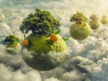 Magical Floating Oranges and Lush Trees on Mini Green Planets under Dreamy Cloudy Skies Surreal Fantasy Landscape for Eco Concepts Royalty Free Stock Photo