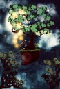 Magical floating tree inhabited by elves, fauns, leprechaun and other fantastic creatures. Royalty Free Stock Photo