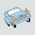 Magical flying car. Hand drawn vector illustration.