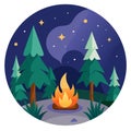 A magical forest clearing with glowing campfire under starry sky Royalty Free Stock Photo