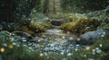 A magical forest clearing with a sparkling stream and tiny woodland