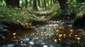 A magical forest clearing with a sparkling stream and tiny woodland