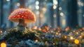 Magical Forest: 3D Render of Fly Agaric Mushroom and Bokeh Lights, Illustration of Abstract Background with Mushrooms and