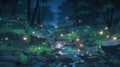 A magical forest filled with vibrant glowing fireflies, and whimsical creatures manga cartoon style by AI generated
