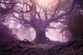 magical forest with giant tree at its center, surrounded by purple mist