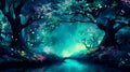 magical forest with glowing flowers, ancient trees, and a serene river with a peaceful, fairy-tale atmosphere