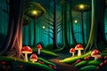 Magical forest with glowing toadstools and fireflies. Generative AI