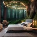 A magical forest-inspired bedroom with tree trunk bed frames, leaf-patterned wallpaper, and fairy lights3 Royalty Free Stock Photo