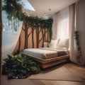 A magical forest-inspired bedroom with tree trunk bed frames, leaf-patterned wallpaper, and fairy lights1 Royalty Free Stock Photo