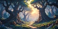 Magical Forest Path Framed By Twisted Ancient Trees And Warm Light Royalty Free Stock Photo