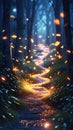 Magical forest path glows with tiny, warm lights. The path winds through lush green foliage and tall trees Royalty Free Stock Photo