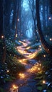 Magical forest path glows with tiny, warm lights. The path winds through lush green foliage and tall trees Royalty Free Stock Photo
