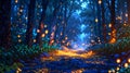 Magical forest path glows with tiny, warm lights. The path winds through lush green foliage and tall trees Royalty Free Stock Photo