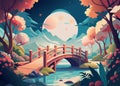 A magical forest setting with a wooden bridge crossing a gentle river framed by vibrant trees under a luminous moon casting soft