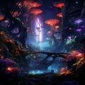 Magical forest with a spectacular display of floating fantasy mushrooms, AI-generated.