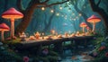 Magical forest tea party with illuminated toadstools. A log table spans a stream, set with teacups and teapots. String lights Royalty Free Stock Photo