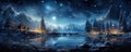 Magical forest in winter at Christmas night, landscape with lights, water and stars in sky. Panorama of snowy woods, mountain and Royalty Free Stock Photo