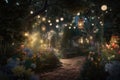 magical garden with blooming flowers, glittering lanterns, and enchanting music