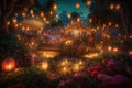 magical garden with blooming flowers, glittering lanterns, and enchanting music