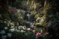 magical garden with blooming flowers, trickling waterfall and dragonfly among the foliage