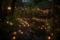 magical garden filled with lanterns, twinkling stars and ponds