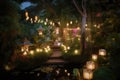 magical garden, with floating lanterns and twinkling lights, for enchanted evening