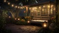 Magical Garden Nights: Embracing the Beauty of String Lights, Garden Bench, and Sheltered Corner