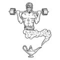 Magical genie with barbell sketch engraving vector