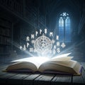 Magical Glowing Book with Mystical Symbols in Ancient Library Royalty Free Stock Photo