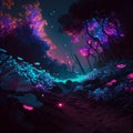 magical glowing forest illustration mysterious jungle Colorful bioluminescence plants flowers leaves landscape Royalty Free Stock Photo