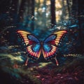 Magical glowing night butterflies in the forest. AI Generation