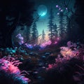 Magical Glowing Plants, Bioluminescence Forest Drawing Imitation, Abstract Generative AI Illustration Royalty Free Stock Photo