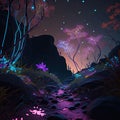 Magical Glowing Plants, Bioluminescence Forest Drawing Imitation, Abstract Generative AI Illustration Royalty Free Stock Photo