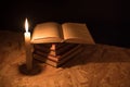 A magical ball, a scroll, a candle and an old book in the dark of the night