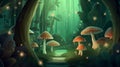 Magical green fairytale forest with mushrooms as dreamy background illustration. Digital illustration