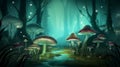 Magical green fairytale forest with mushrooms as dreamy background illustration. Digital illustration