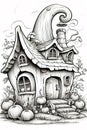 Magical Halloween hut colouring page book on white background, black and white