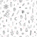 Magical hand drawn seamless pattern. Doodle boho style. Witchcraft print. Mystical esoteric background. Halloween